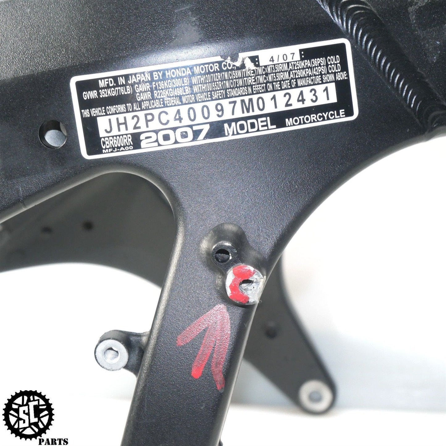 07-12 2007 HONDA CBR600RR MAIN FRAME CHASSIS *S* H24